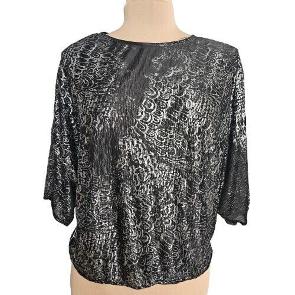 Jeri Marque Top‎ Womens Black Silver Foil Dolman Sleeve Slinky Delicate Medium